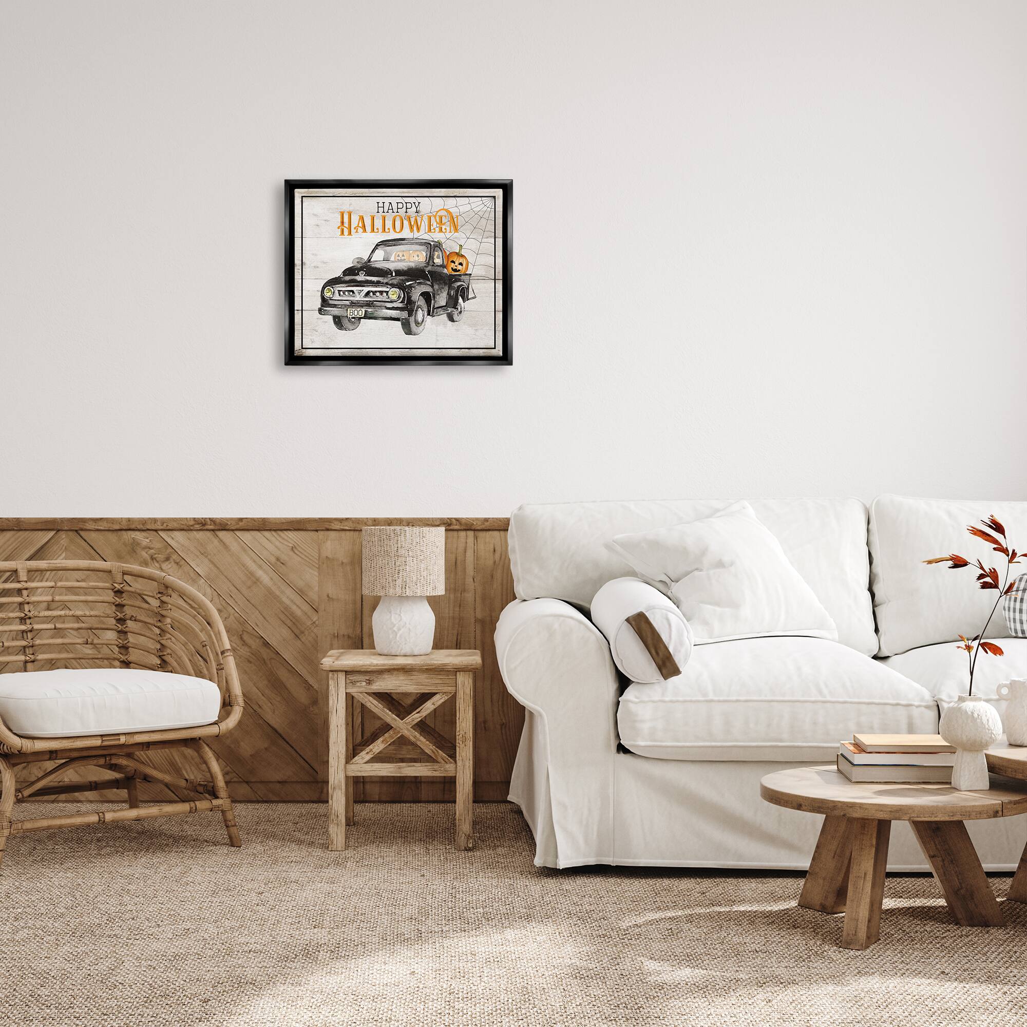 Stupell Industries Happy Halloween Pumpkin Truck Framed Floater Canvas Wall Art